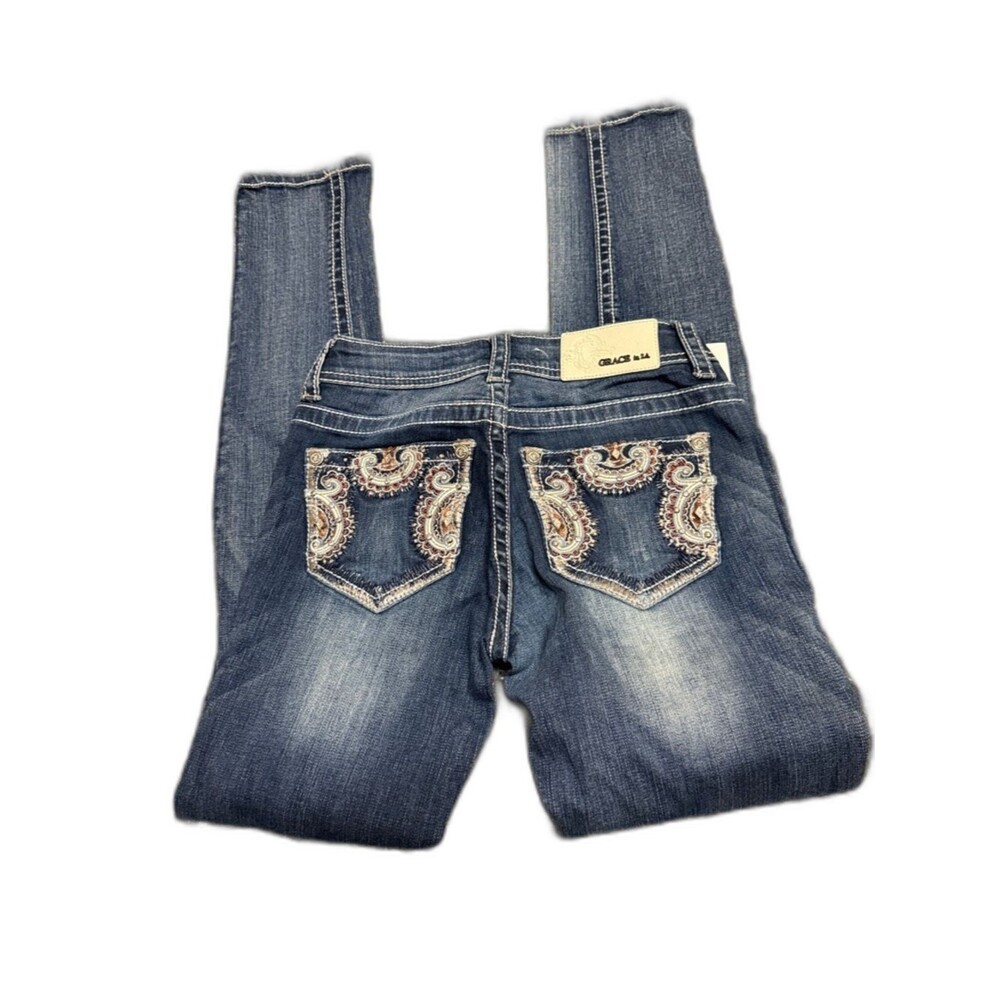 Grace Dark Blue Skinny Jeans with Paisley Pocket Embroidery